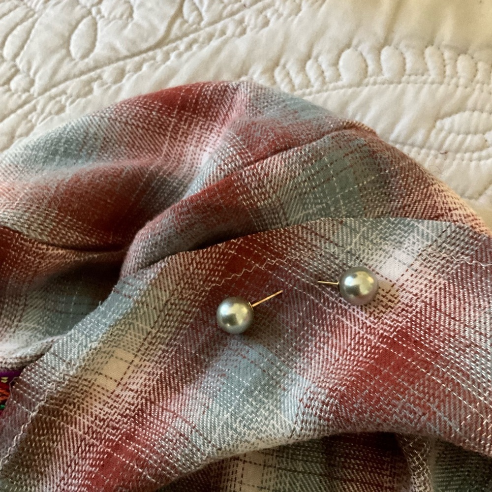 Handmade Plaid Bucket Hat Gray Pearl Trim Medium - Picture 7 of 9